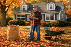Middle aged man raking leaves in his yard